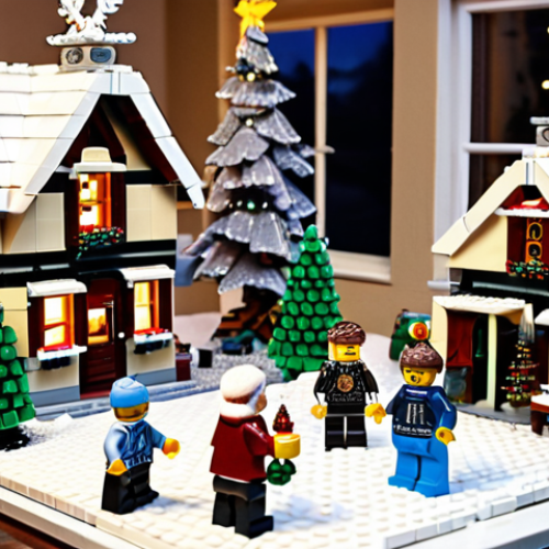**A family building a LEGO winter village together at Christmas time, with a cozy, nostalgic atmosphere.**
