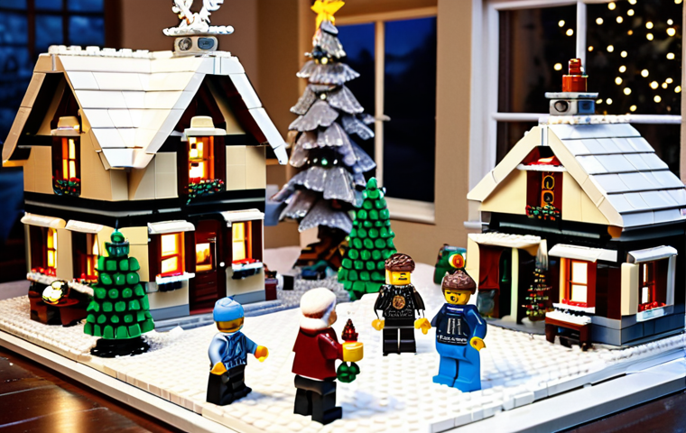**A family building a LEGO winter village together at Christmas time, with a cozy, nostalgic atmosphere.**