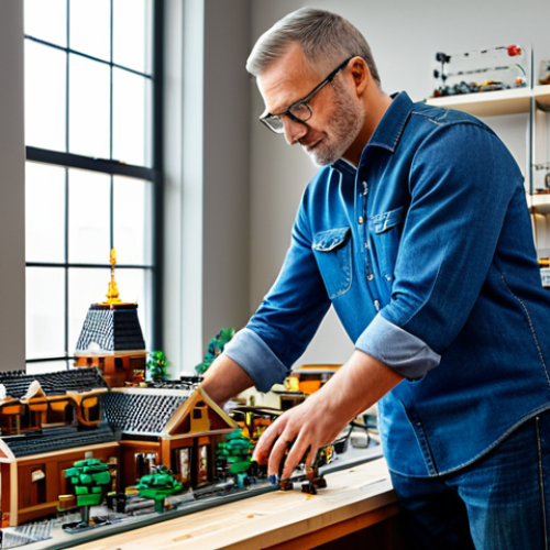 A professional adult LEGO enthusiast, fully clothed in a modest casual shirt and jeans, meticulously assembling a highly intricate, large-scale modular city block model made of diverse LEGO bricks. The scene is set in a well-lit, organized studio workshop, with other detailed LEGO MOCs (My Own Creations) displayed on shelves in the background. The lighting is soft and even, highlighting the textures of the bricks and the builder's focused expression. perfect anatomy, correct proportions, natural pose, well-formed hands, proper finger count, natural body proportions, professional photography, high quality, studio lighting, safe for work, appropriate content, fully clothed, professional, family-friendly.