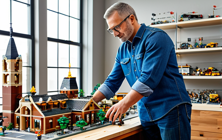 A professional adult LEGO enthusiast, fully clothed in a modest casual shirt and jeans, meticulously assembling a highly intricate, large-scale modular city block model made of diverse LEGO bricks. The scene is set in a well-lit, organized studio workshop, with other detailed LEGO MOCs (My Own Creations) displayed on shelves in the background. The lighting is soft and even, highlighting the textures of the bricks and the builder's focused expression. perfect anatomy, correct proportions, natural pose, well-formed hands, proper finger count, natural body proportions, professional photography, high quality, studio lighting, safe for work, appropriate content, fully clothed, professional, family-friendly.