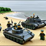 **

"A detailed LEGO recreation of the D-Day Normandy landings, seen from a slightly elevated perspective. Focus on the beach with LEGO soldiers, landing craft, and fortifications. The sky is overcast. Style: Realistic, highly detailed, photographic. Safe for work, appropriate content, fully clothed LEGO figures, historical recreation, professional."

**