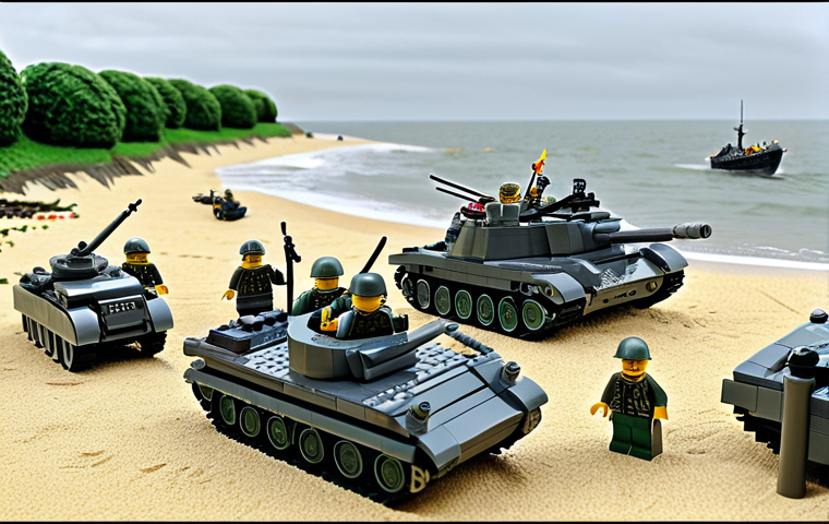**

"A detailed LEGO recreation of the D-Day Normandy landings, seen from a slightly elevated perspective. Focus on the beach with LEGO soldiers, landing craft, and fortifications. The sky is overcast. Style: Realistic, highly detailed, photographic. Safe for work, appropriate content, fully clothed LEGO figures, historical recreation, professional."

**