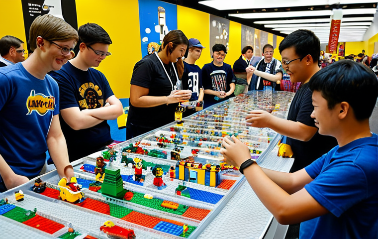 A Group of Enthusiastic LEGO Collectors**

A brightly lit room at a LEGO fan convention. A diverse group of fully clothed adults and teenagers enthusiastically trade and examine LEGO minifigures. Tables are covered with minifigures in clear plastic cases. The atmosphere is friendly and collaborative. Focus on the shared passion for LEGO. Safe for work, appropriate content, family-friendly, professional-grade image quality, perfect anatomy, well-formed hands, natural proportions, fully clothed.

**