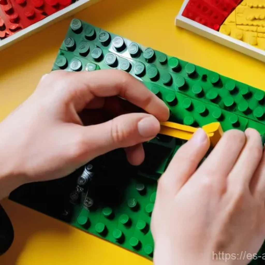 레고 관련 블로그 운영 전략 - **Prompt:** "A close-up, high-angle shot of a person's hands meticulously assembling intricate LEGO ...