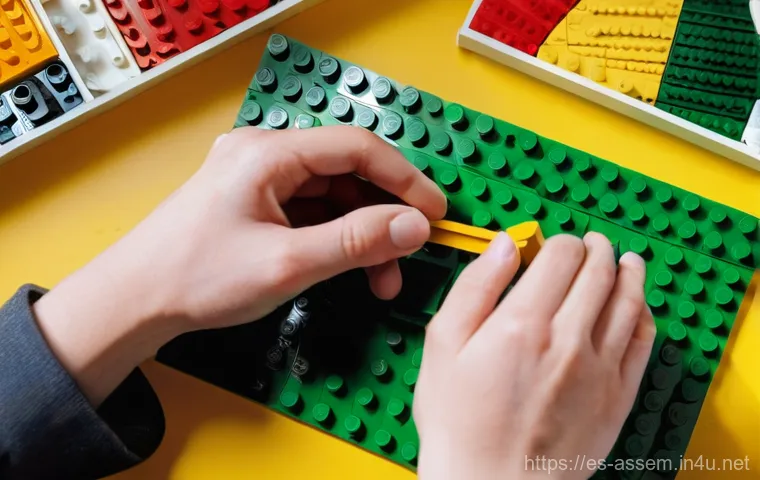 레고 관련 블로그 운영 전략 - **Prompt:** "A close-up, high-angle shot of a person's hands meticulously assembling intricate LEGO ...