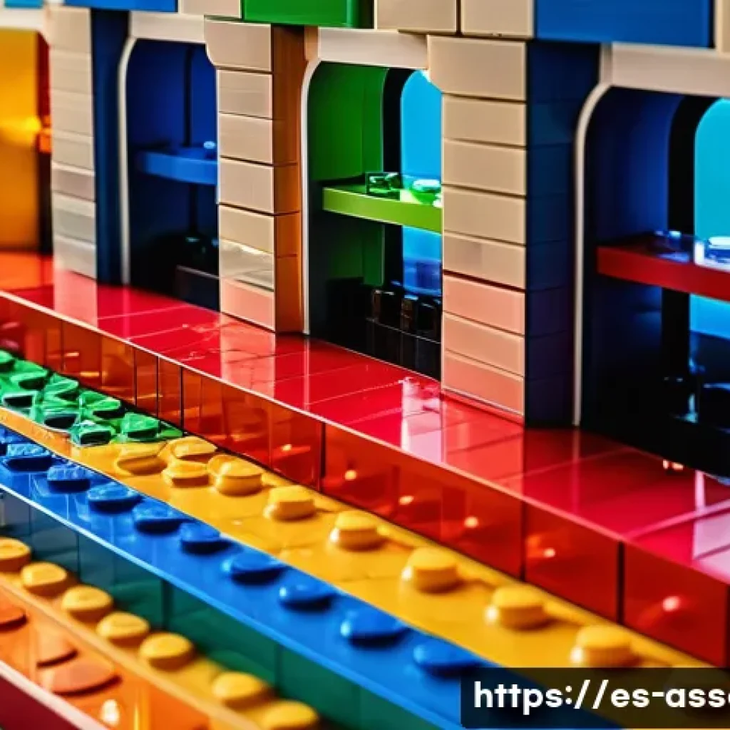 레고 브릭 종류 및 특징 - A vibrant and detailed LEGO cityscape featuring a variety of basic LEGO bricks in multiple sizes and...