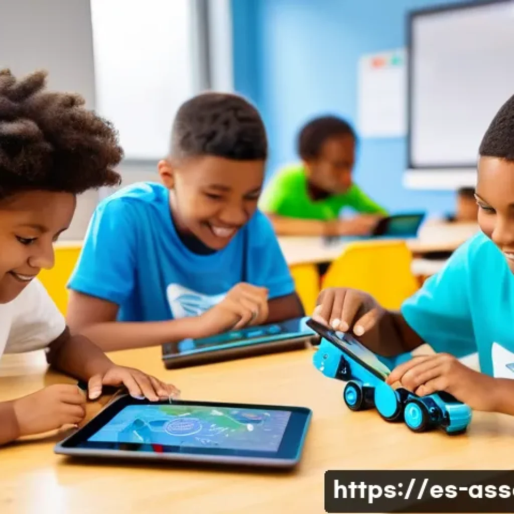 레고와 기술 융합의 사례 - A diverse group of children aged 8 to 12 enthusiastically building and programming LEGO Spike Prime ...