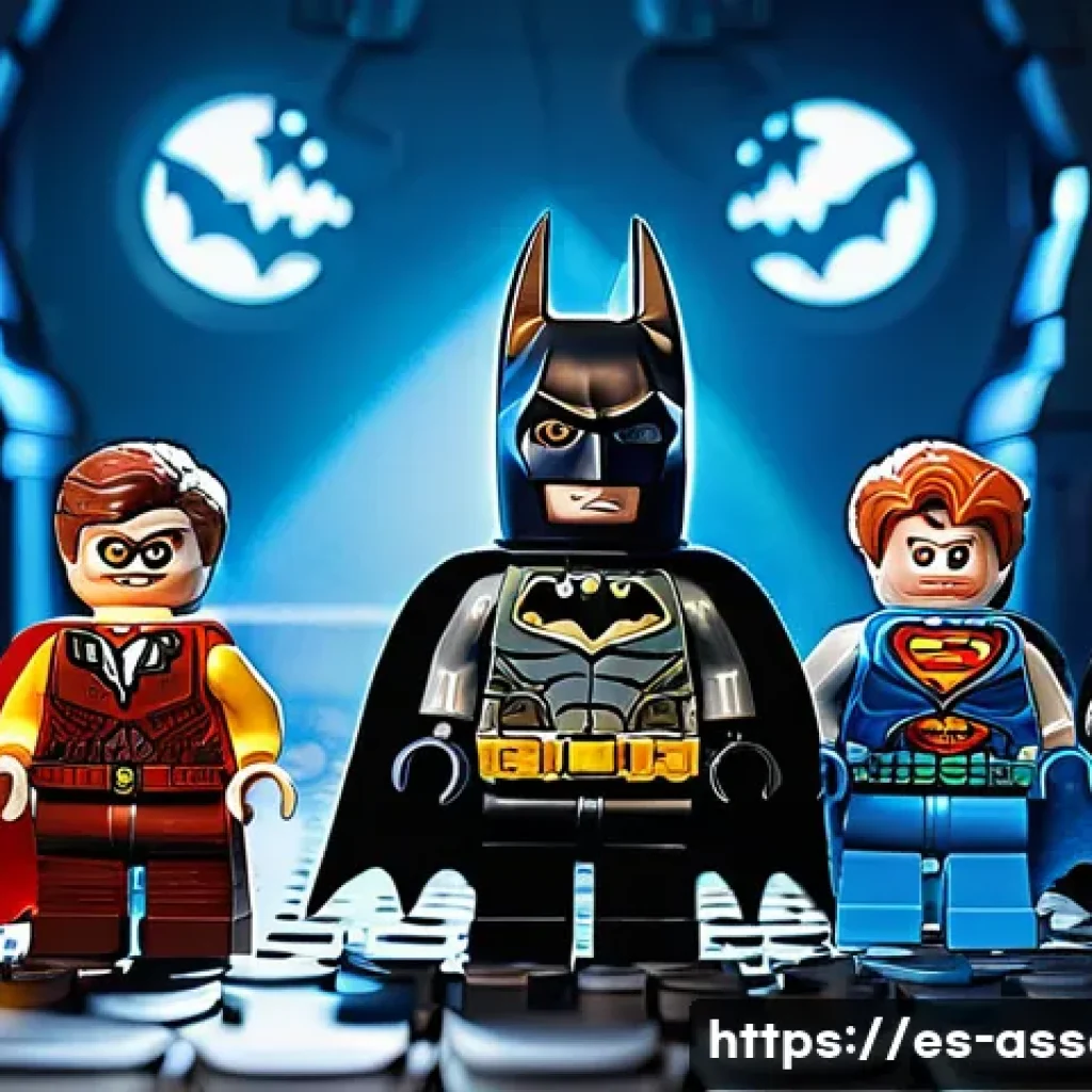 레고 배트맨 무비 세트 - A detailed LEGO Batman Batcave set scene, featuring iconic dark and moody lighting with vibrant LEGO...