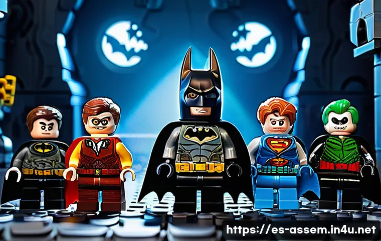 레고 배트맨 무비 세트 - A detailed LEGO Batman Batcave set scene, featuring iconic dark and moody lighting with vibrant LEGO...