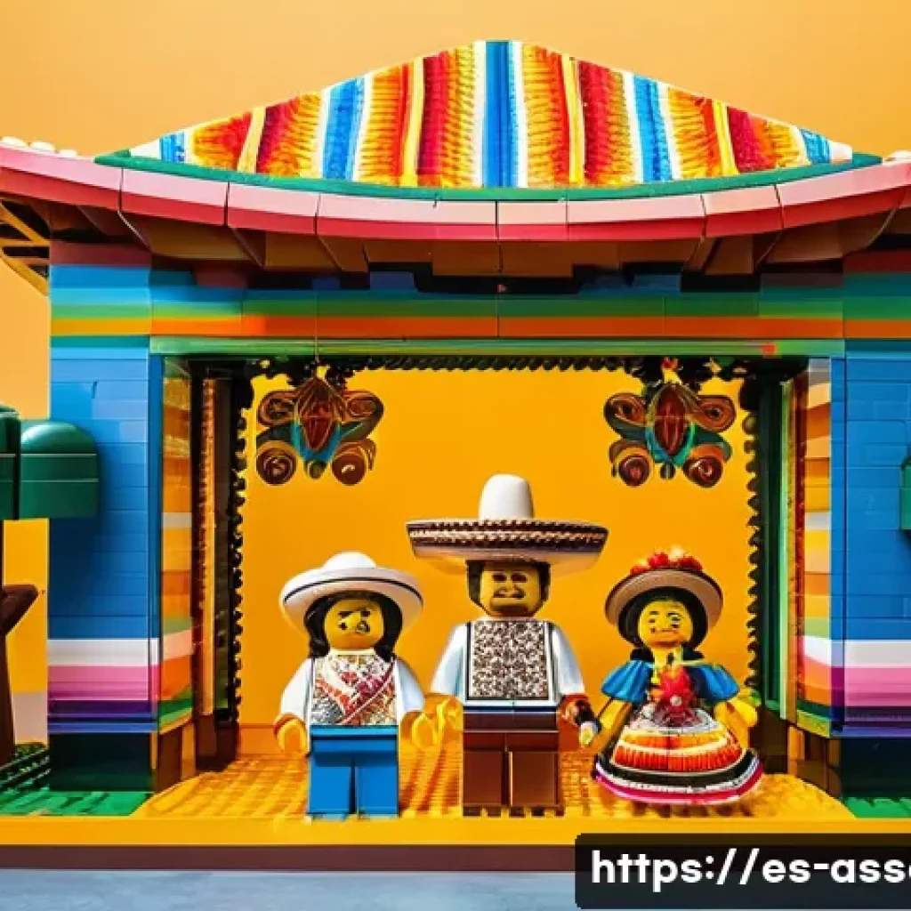 레고 피규어 아트 조각 전시 - A vibrant and intricate LEGO sculpture representing traditional Mexican culture and festivities, sho...