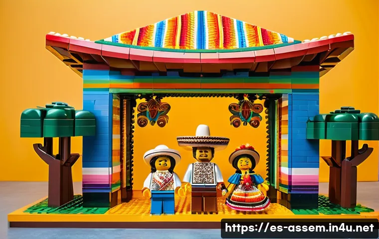 레고 피규어 아트 조각 전시 - A vibrant and intricate LEGO sculpture representing traditional Mexican culture and festivities, sho...