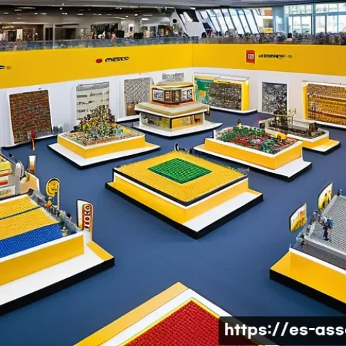 Home 33 레고 DIY 전시 준비법 - A spacious LEGO exhibition hall divided into thematic sections, featuring modern neutral-colored ped...