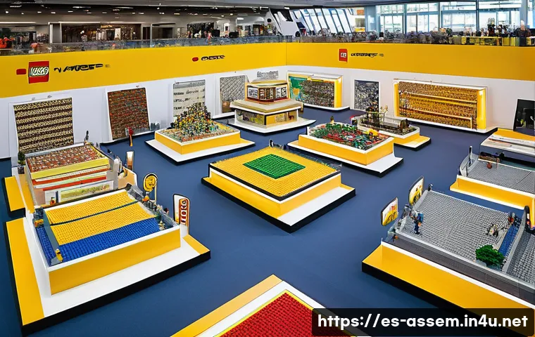 레고 DIY 전시 준비법 - A spacious LEGO exhibition hall divided into thematic sections, featuring modern neutral-colored ped...