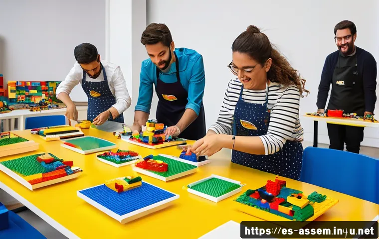 레고 관련 이벤트 소식 - A lively community workshop set in a bright, modern cultural center in Madrid, featuring diverse gro...