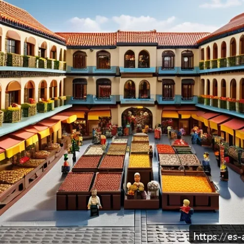 Home 31 레고 창의력 대회의 심사 기준 - A detailed LEGO diorama depicting a vibrant traditional Spanish marketplace scene, filled with minif...