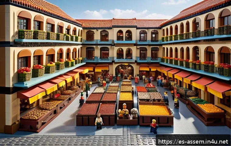 레고 창의력 대회의 심사 기준 - A detailed LEGO diorama depicting a vibrant traditional Spanish marketplace scene, filled with minif...