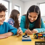 Home 18 레고로 학습하는 기초 프로그래밍 - A bright, colorful classroom scene in a modern Spanish school where children aged 7 to 10, wearing c...