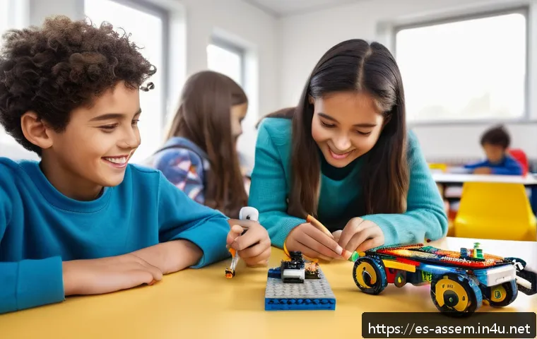 레고로 학습하는 기초 프로그래밍 - A bright, colorful classroom scene in a modern Spanish school where children aged 7 to 10, wearing c...