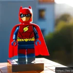 레고 히어로 캐릭터 리뷰 - Photorealistic tabletop review scene featuring a colorful LEGO-style superhero minifigure standing h...