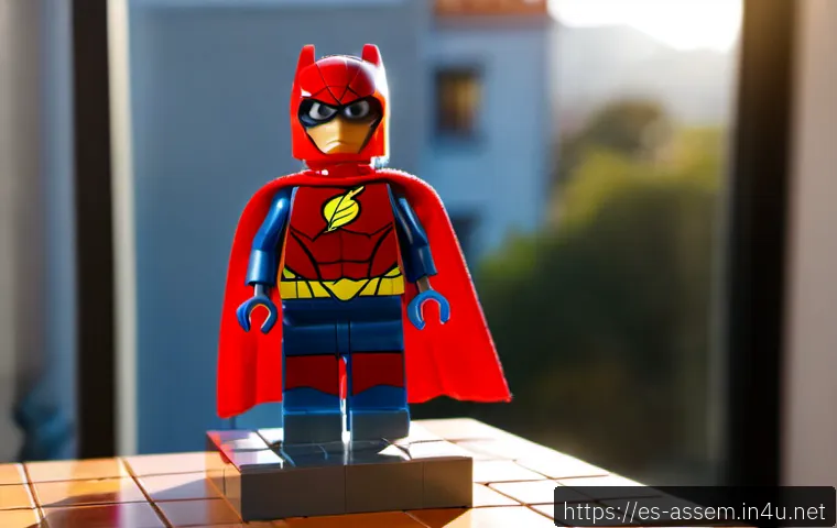 레고 히어로 캐릭터 리뷰 - Photorealistic tabletop review scene featuring a colorful LEGO-style superhero minifigure standing h...