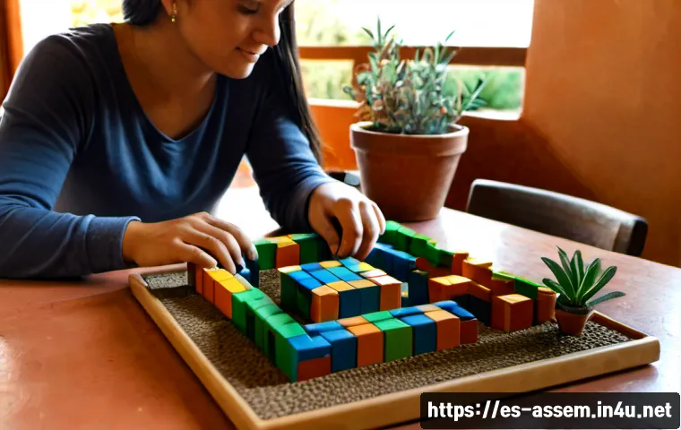 레고 기초 세트로 건물 조립하기 - Photorealistic Spanish family home scene, a parent and school-age child assembling a colorful interl...