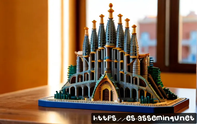 Home 17 레고 브릭으로 만든 랜드마크 - Photorealistic close-up of a detailed miniature Sagrada Familia constructed entirely from interlocki...