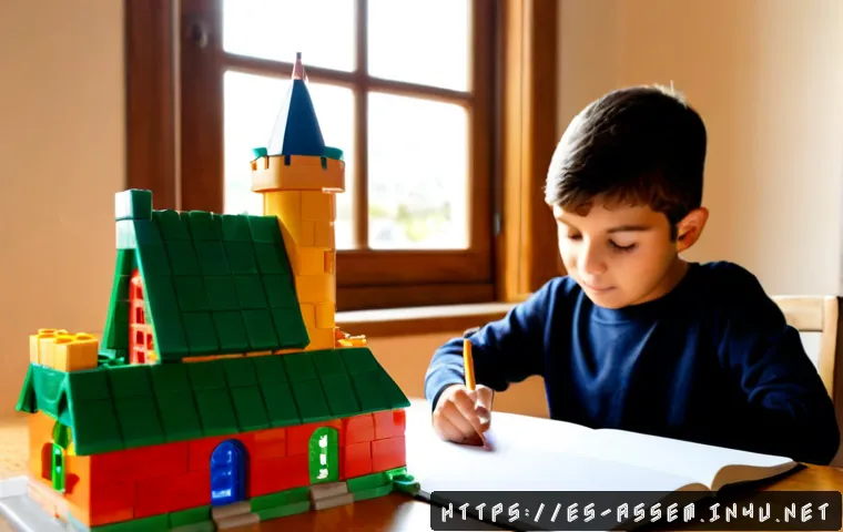 레고로 학습한 나만의 창작 스토리 - Photorealistic scene of a Spanish-speaking child at a sunlit home desk, thoughtfully arranging color...