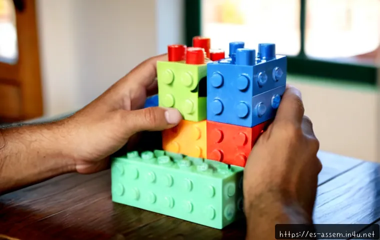 레고 ASMR 콘텐츠 트렌드 - Photorealistic close-up of diverse adult hands slowly assembling colorful interlocking plastic build...