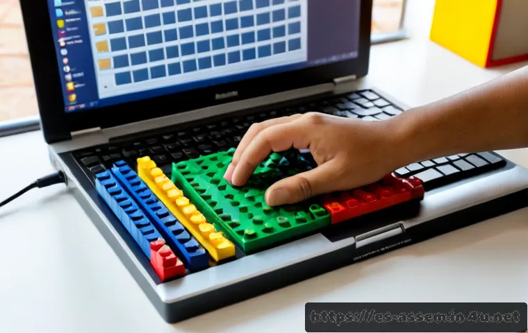 레고 브릭으로 학습하는 기술 용어 - Photorealistic educational tabletop scene for learning technical concepts with colorful interlocking...